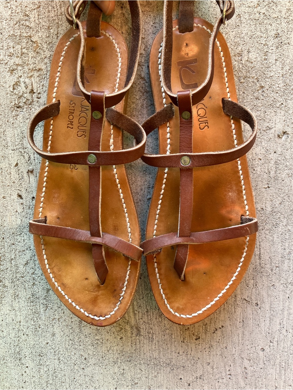 K.Jacques Brown Leather T-Strap Sandals
